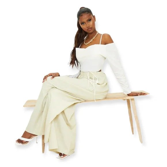 Natural Linen Look Cowl Front Ruched Sleeve Crop Top - Picture 4 of 5